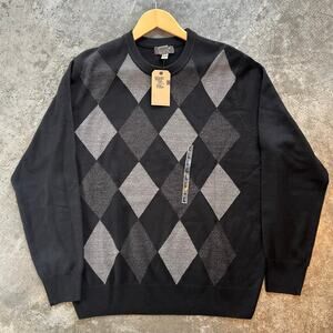 Dockers Sweater Mens Large Black Gray Argyle V-Neck Fine Gauge Soft NWT New